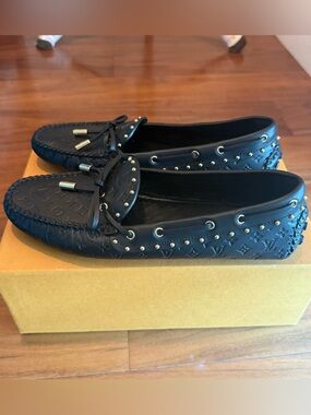 Louis Vuitton Black Studded Monogram Leather Gloria Loafers